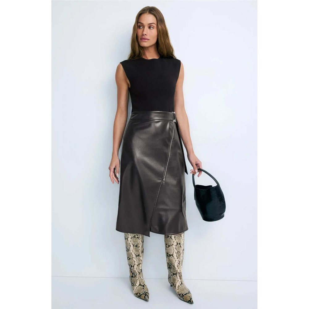 BOSS Flederi Dress Mixed Media Faux Leather Midi Black Wrap Sleeveless Sz S